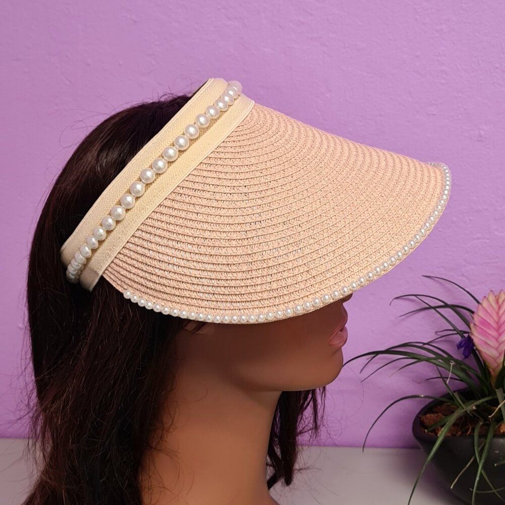 Soft Pink Designer Inspired Pearl Trimmed Visor Headband Straw Hat Wide Brim 6.5